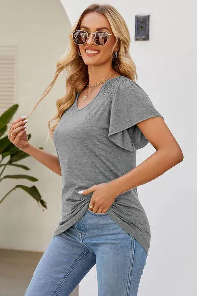 Smocked Round Neck Flutter Sleeve T-Shirt Women's T-Shirts - Tophatter Daily Deals